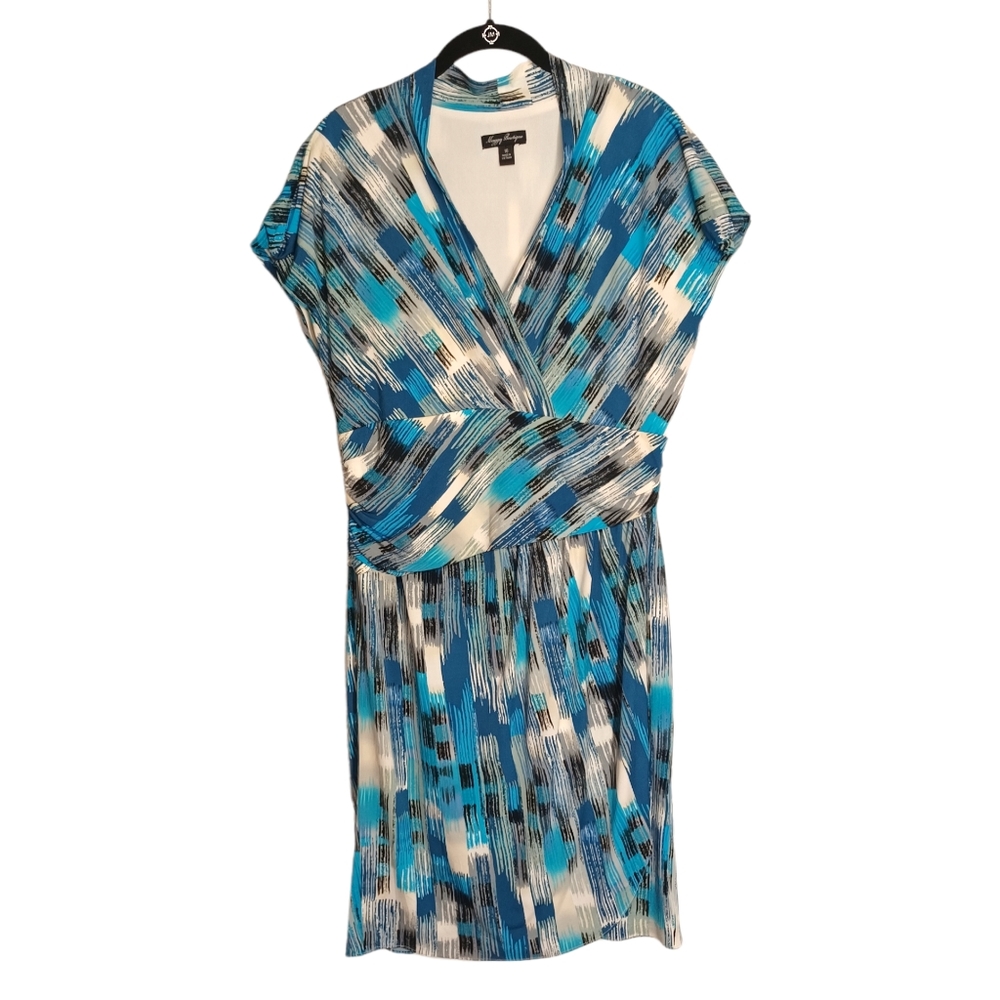 MAGGY BOUTIQUE Blue Black Cream Brush Print V-Neck Short Sleeve Dress 16